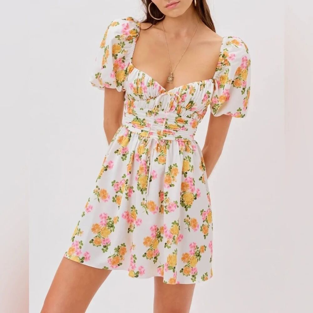 For Love & Lemons Emma Mini Dress Women's XL Marigold Foral Babydoll Sweetheart